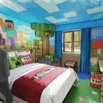 Illustration of two people standing inside Minecraft-theme hotel room