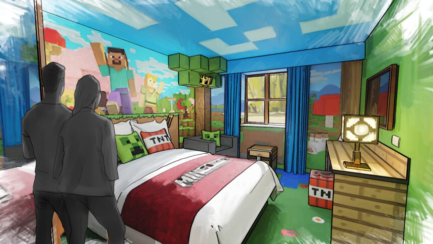 Illustration of two people standing inside Minecraft-theme hotel room